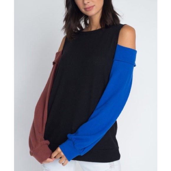 Raw Edge USA Tops - Black Mauve Blue Color Block Cold Shoulder Sweater